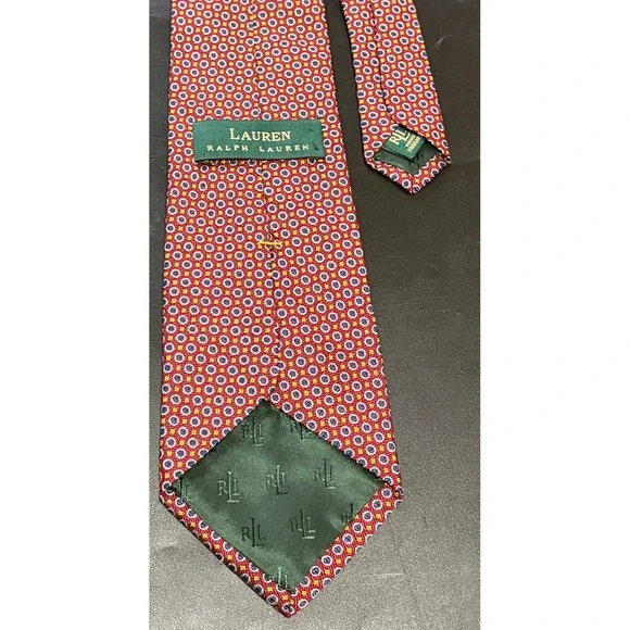 Lauren Ralph Lauren Red Navy Gold Circle Dot Luxury Silk Necktie Hand Finished