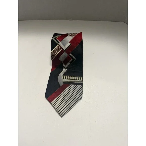 Langston Courte Mens Silk Tie Geometric Abstract Red Black Silver Made in USA