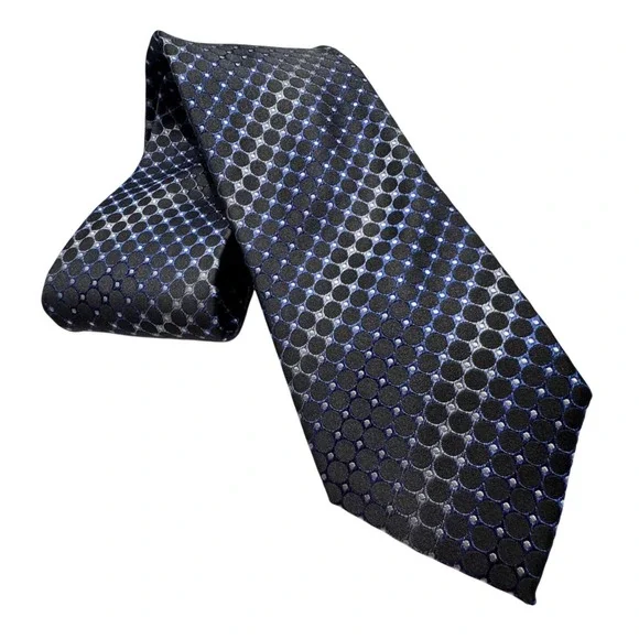 Geoffrey Beene Mens Silk Necktie Black Blue Geometric Circles Handmade Tie