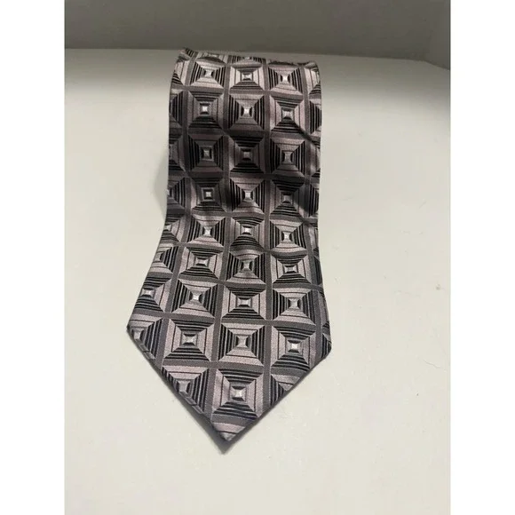 Screenplay by Martin Wong Mens Silk Tie Silver Grey Black Geometric Squares 4in