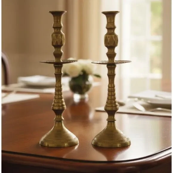 Moroccan Candle Holders Vintage 1950s Solid Brass Mid Century Set Pair Etched