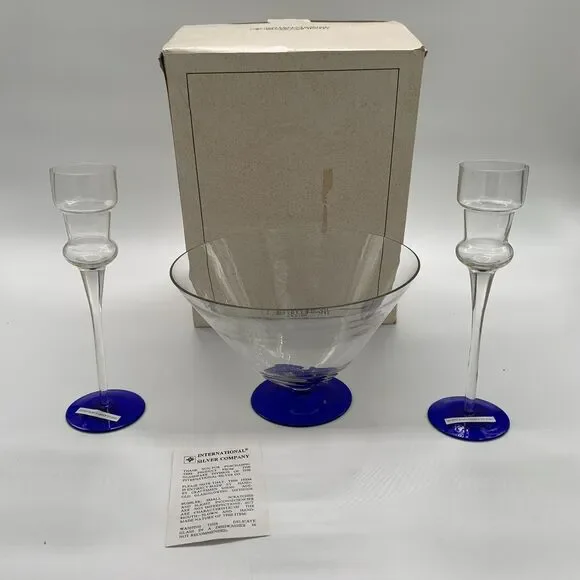 Vintage International Silver Company Crystal Glass Blue Candlesticks and Bowl