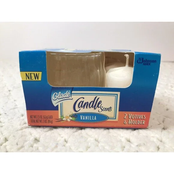 Glade Candle Scents Original Vanilla Scent Kit 2 Votives 1 Glass Holder Jar NOS