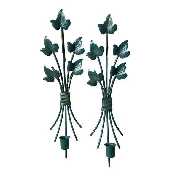 Home Interiors Pair Of Green Metallic Wall Sconce Single Candle Tapered Holder‎