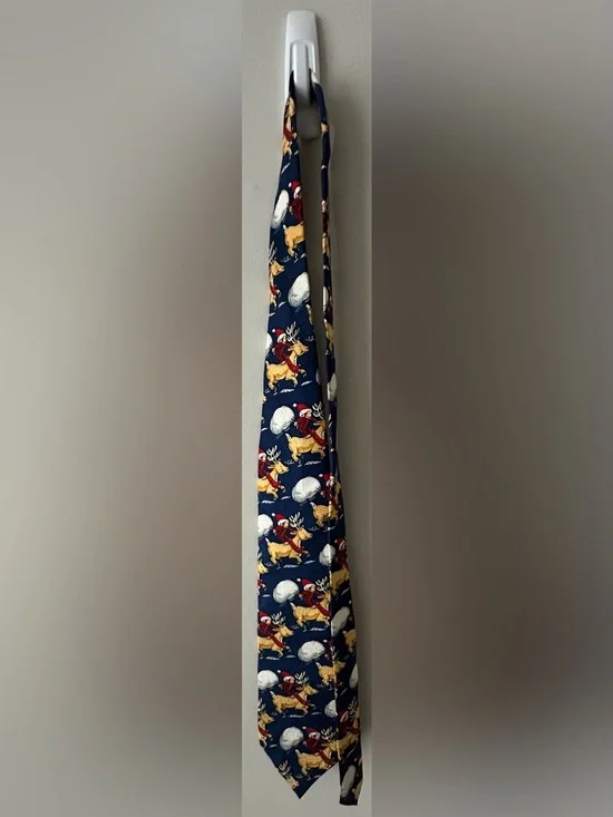 RM Holidays neck tie 100% silk Curious George with reindeer