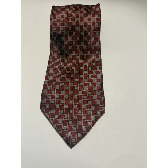 Tongue Tied Mens Silk Necktie Red Silver Geometric Square Pattern Hand Made