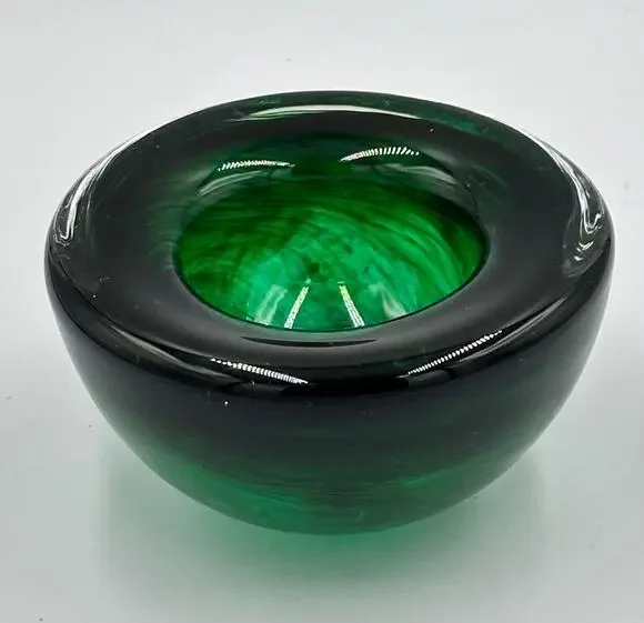 Kosta Boda Atoll Glass Bowl 4.25” Green Swirl Tealight Candle Holder Paperweight