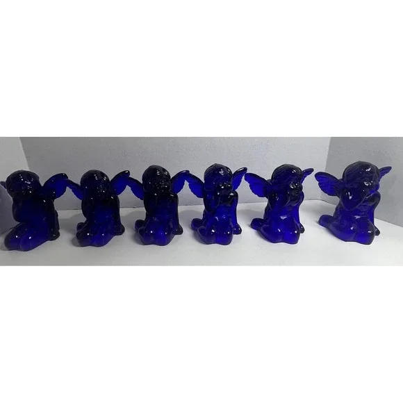 Vintage Cobalt Blue Glass Sitting Cherub Taper Candlestick Holders Set of 6