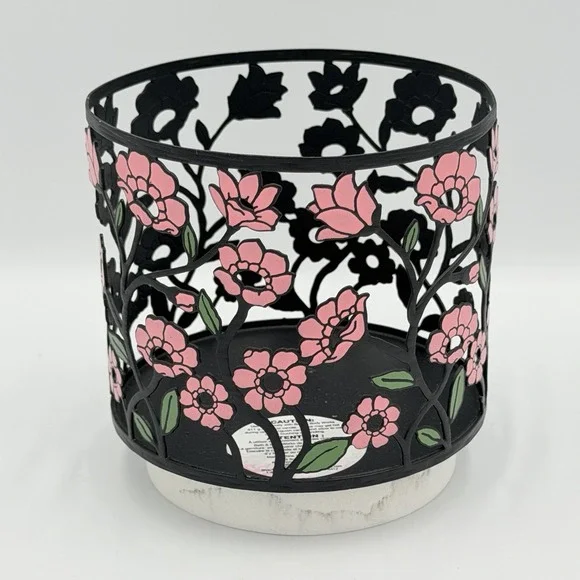 Bath & Body Works Pink Floral Toss 3-Wick Candle Holder Sleeve Black Metal