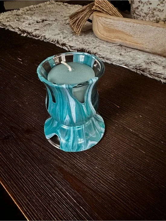 Hand Crafted Turquoise Marble Glass Candle Holder with Blue Candle