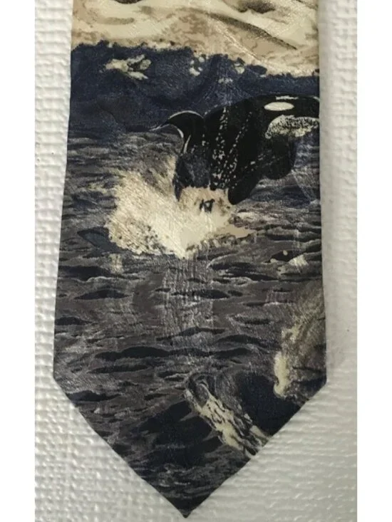 Reed St James Neck Tie Gray Blue White Whales Penguins 4 in Wide 56 in Long