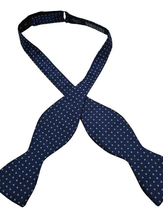 Lands End Mens 100% Silk Self Bow Tie Bowtie Blue Gold Geometric