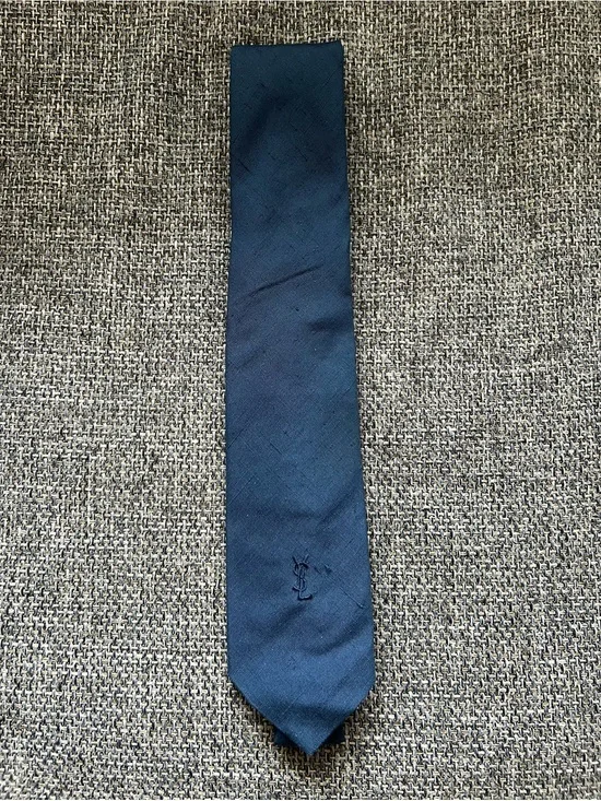 Vintage 80s Yves Saint Laurent 100% Silk Necktie Embroidered Logo Blue