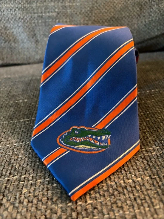 Blue and Orange Striped Men's Tie with Florida Gator Motif