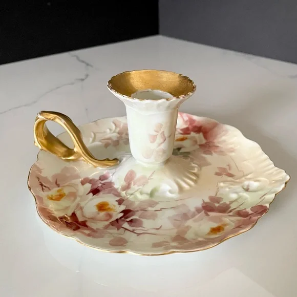 Floral & Gold Candle Holder with Handle - J.P. Limoges