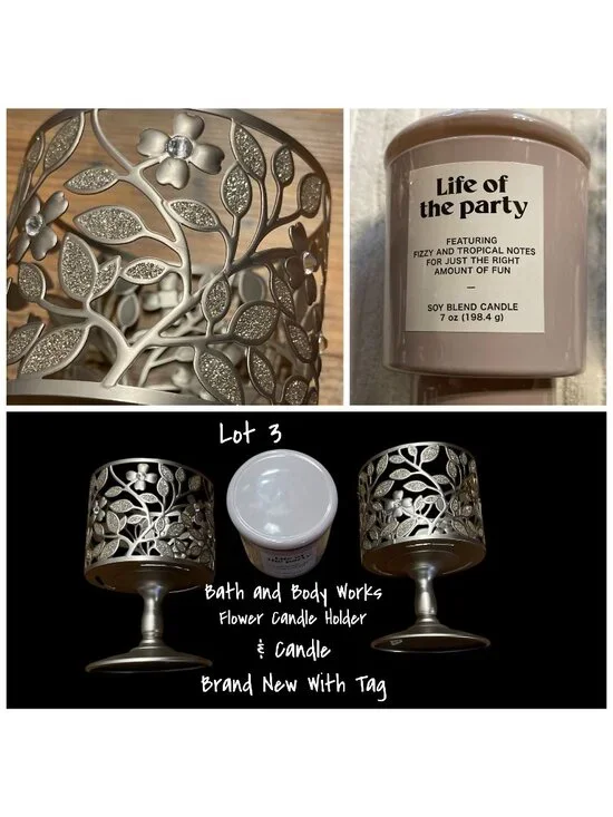 Bath and Body Works Dogwood Pedestal 3-Wick Candle Holder & Candle Lot 3 New