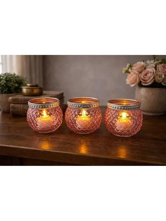 Set of 3 Pink Hobnail Glass Jars/Candle Holders w/Silver Bands