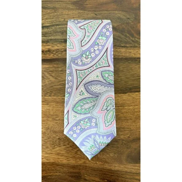 Luxury 7 Fold Isaia Napoli 100% Men's Pink & Purple paisley Necktie Tie NWOT