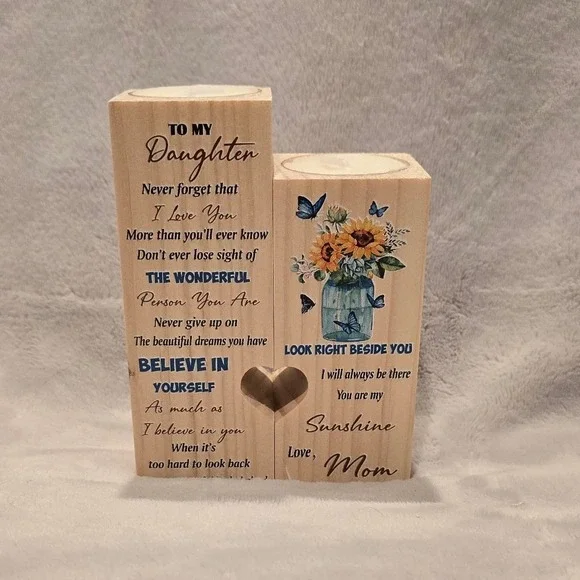 To My Daughter Wooden‎ Candle Holder Set Heart Shaped Love Mom Sunflower Gift