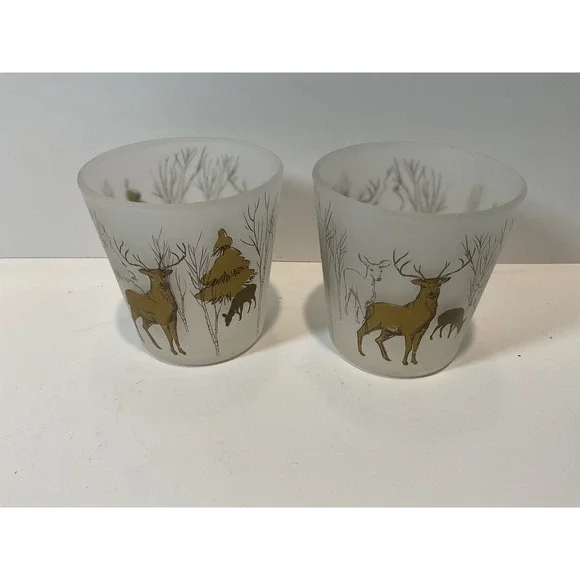 Set Of 2 Frosted Glass Votive Candle Holders Woodland Deer Winter‎ Scene