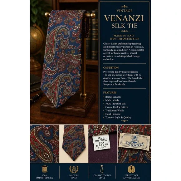 Vintage Venanzi Men's 100% Imported Silk Paisley Tie – Made in Italy