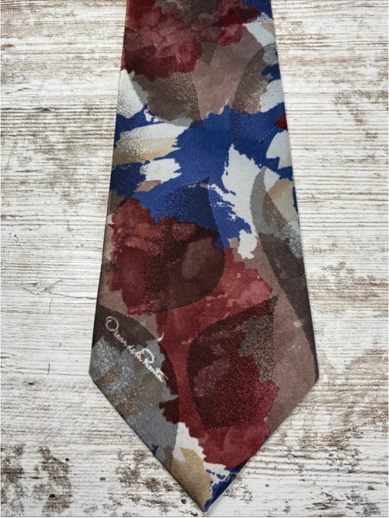 Oscar De La Renta Studio Tie Abstract Floral Burgundy Blue USA 57x4 Mens Necktie