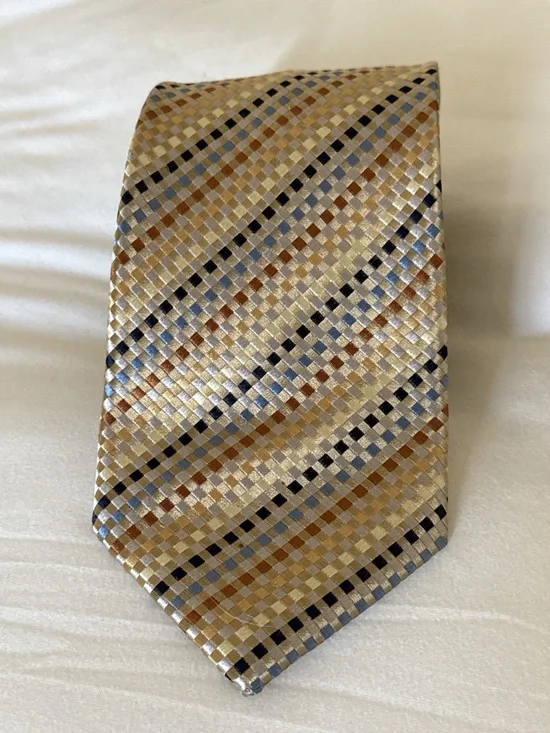 Peacock Hand Made Pure Silk Men’s Tie Gold Blue Geometric Woven