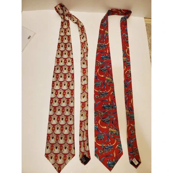 Christmas holiday silk‎ tie bundle red wreath and trains jc penny and wembley