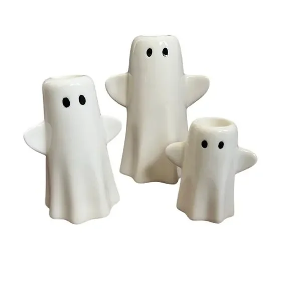 3pc Ceramic Ghost Taper Candle Holder Set Halloween White Candlestick Spooky New
