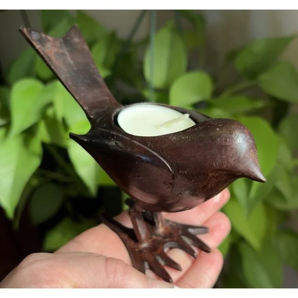 Metal Cast Iron Bird Decor Candle Holder Tealight India Burnished Brown Rustic‎