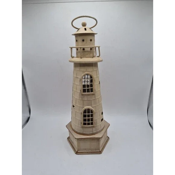 Distressed Metal Antique White Lighthouse Votive Holder Preowned Nautical 14