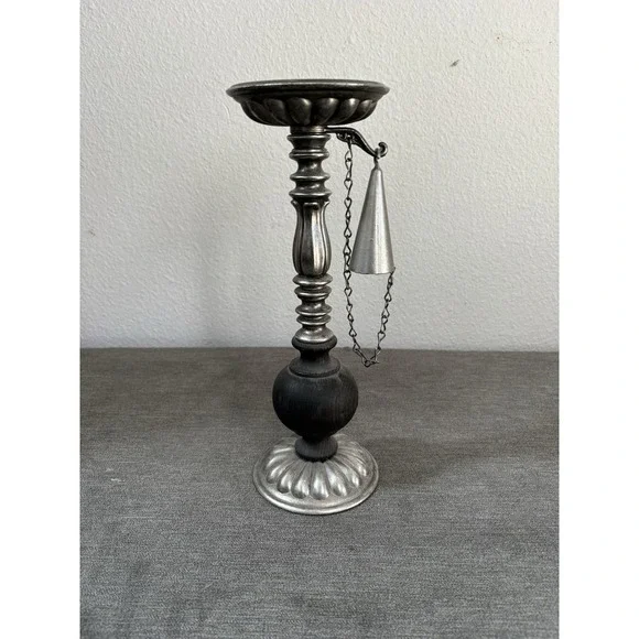 Vintage Unbranded Candle Holder  w/ Chained‎ Snuffer Wood & Metal 11.5