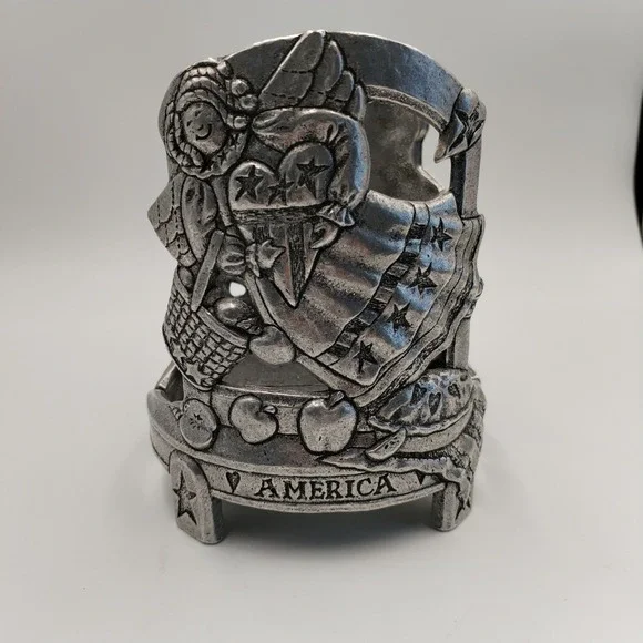 Vintage Pewter Americana Candle Jar Holder Sleeve Patriotic Angel Flag Large 5.5