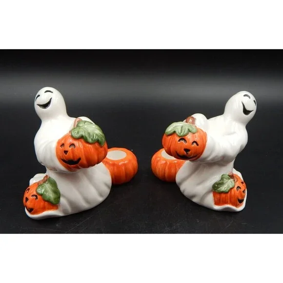 Fitz Floyd Ghost Candlestick Holders Pair Candles Halloween Fall Pumpkin 1996