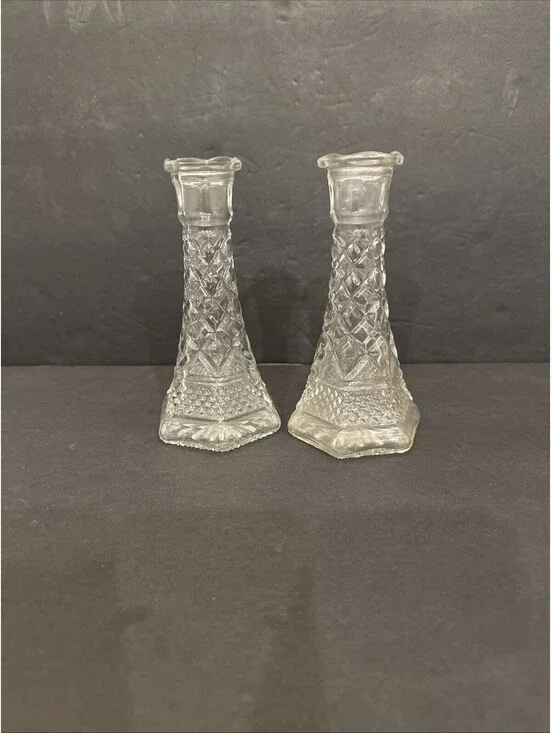Anchor Hocking Wexford Clear Glass Bud Vase Candlesticks  6⅛