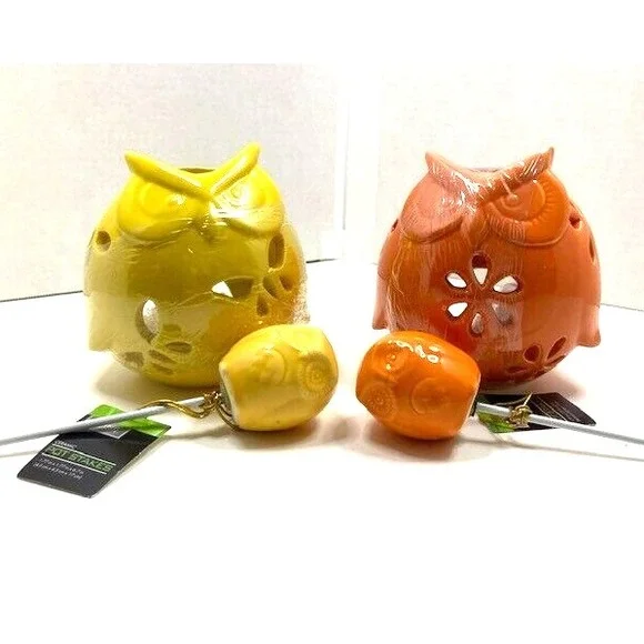 Pair of Ceramic Fall Owl Large Tea Light Candle Holder Decor w/2 pot stakes‎