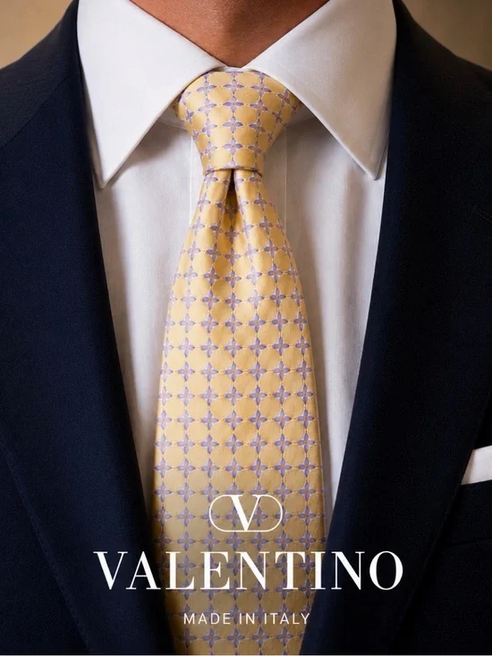 Valentino Silk Tie Gold Yellow Purple Geometric  Pattern Italy Designer Luxury