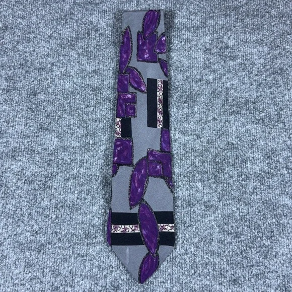 Mens Vintage Abstract Geometric Leaf Print Silk Tie Purple Grey Black Necktie