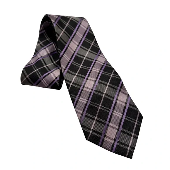 Bergamo New York Mens Plaid Necktie Purple Black Grey Hand Made Polyester Tie