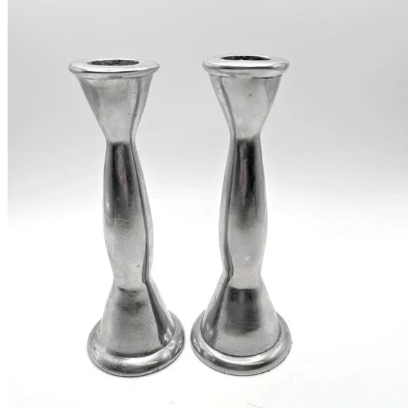 Vtg MCM Pewter Metal‎ Taper Candle Holders Pair Minimalist Hourglass Silver 6.5