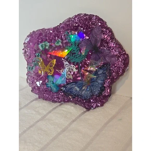 Handmade Resin Crystal Edge Trinket‎ Holder Purple With Butterflies  778