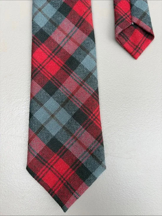 SCOTLAND WOOL Red Gray Plaid Men's Tie Vtg