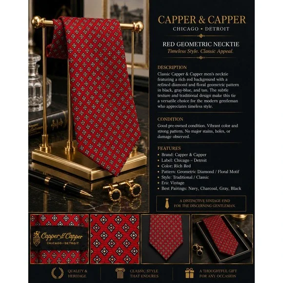 Capper & Capper Chicago Detroit Men's Red Geometric Necktie Vintage Classic Tie
