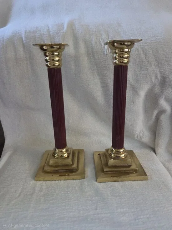 Vintage Brass Burgundy Column Candlestick Holders Pair Neoclassical Regency 7.5