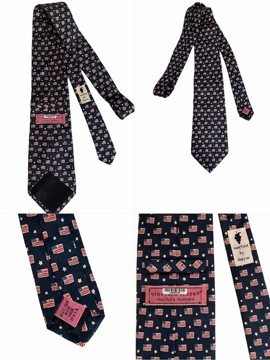 Vineyard Vines Navy Silk Tie with Red and White Flag Motif