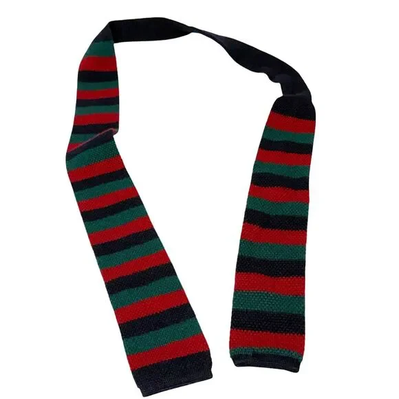 Vtg Square Knit Neck Tie Red Navy Pine Green Striped 100% Wool Made Italy