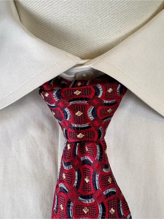 Baradello Men’s Necktie XL Red Geometric Jacquard Silk Tie Italy