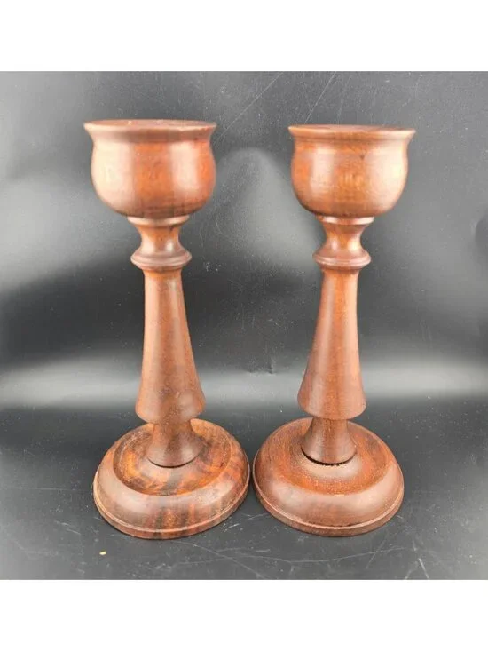 Vntg Hand Turned Wooden Candlesticks Pair/Set 7-Inch Vintage 1976 Signed