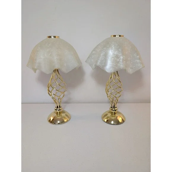 Vintage PartyLite Paragon Tealight Candle Lamps Pair Gold Pearl Shades