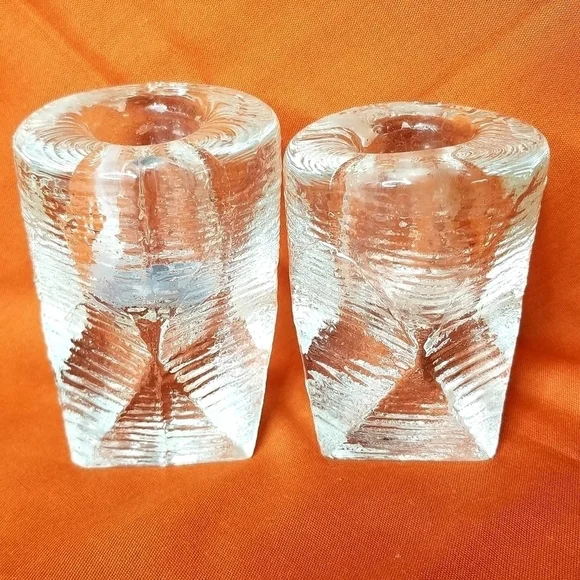 2 Vintage Rare Structural 3D Textured Glass Candlestick Holders MCM style